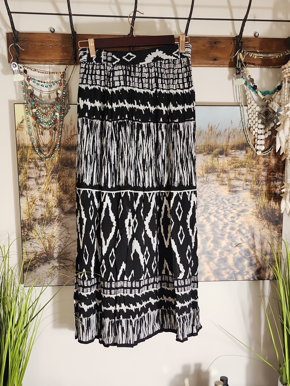 Cotton Black & White Tribal Print Maxi Skirt - Lightweight Flowing Silhouette